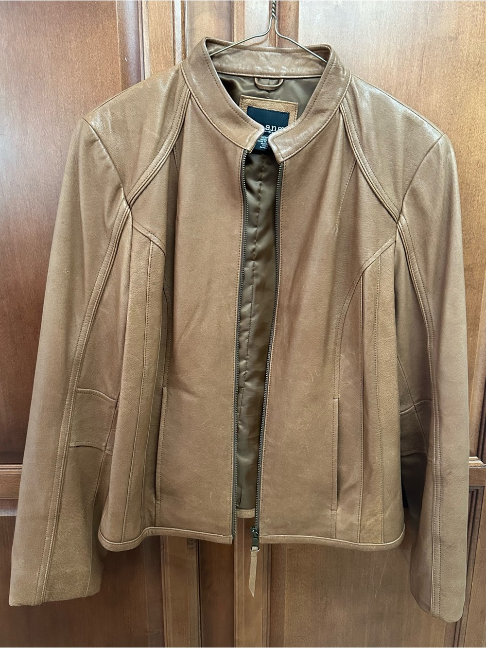 a.n.a Women's Tan Leather Zip-Front Jacket